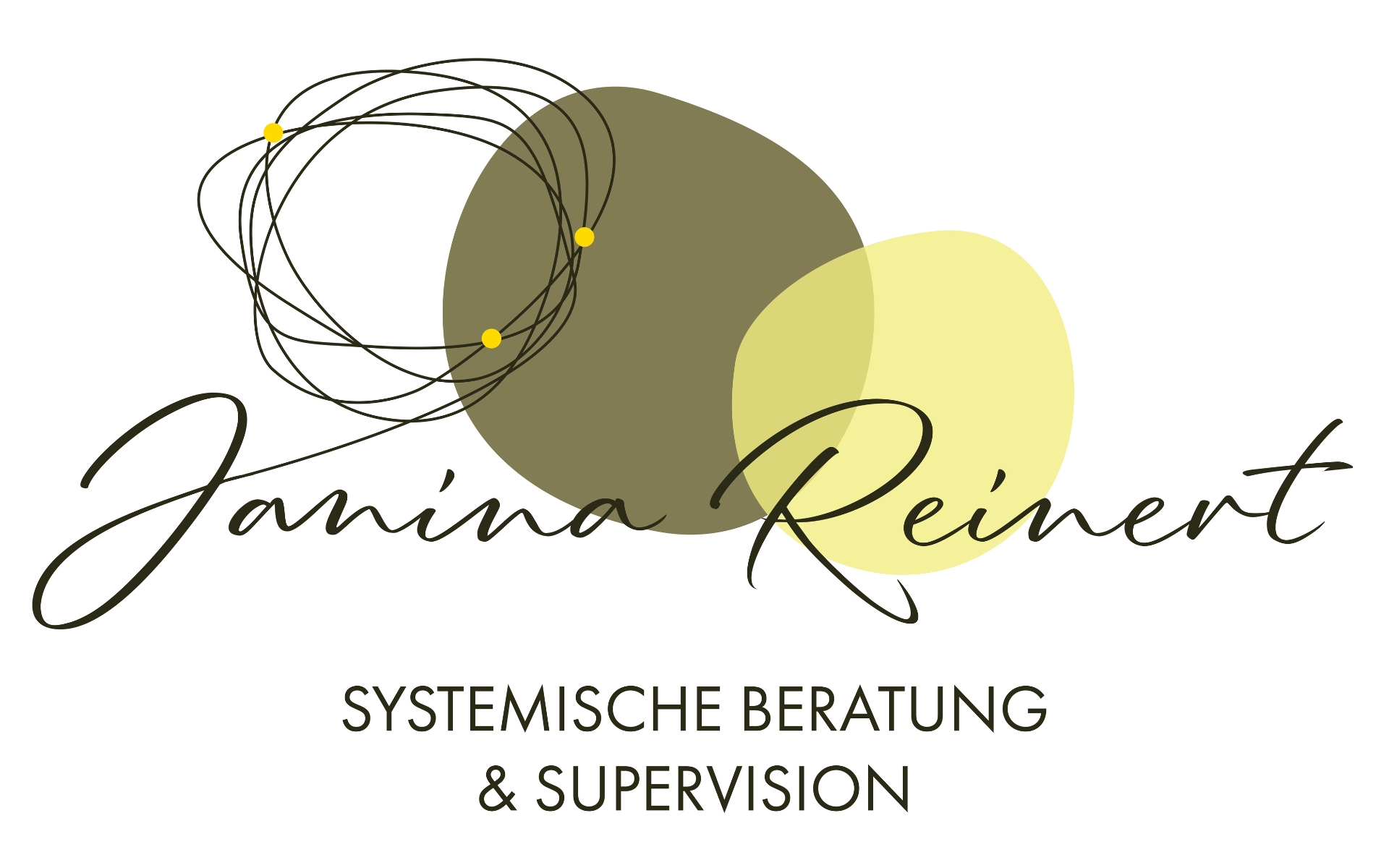 Markenlogo mit handschriftlichem Schriftzug und abstrakten grünen Formen.